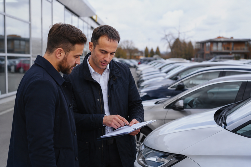 Vehicle documents being reviewed beside cars at a dealership